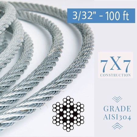 Laureola Industries 3/32 inch Stainless Steel Aircraft Cable Wire Rope 7x7 Strand 304 Grade, 100 ft ZAG332-SS304-77-100